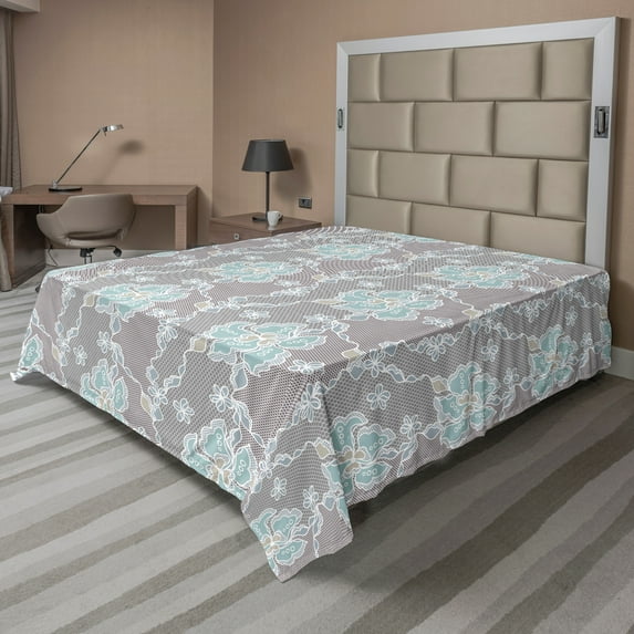 Ambesonne Floral Flat Sheet, Victorian Vintage Soft, California King, Grey Seafoam Tan