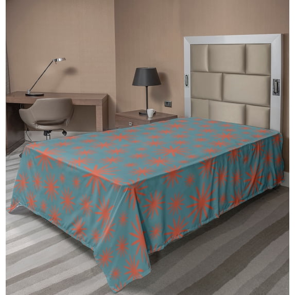 Ambesonne Floral Flat Sheet, Vintage 50s Inspired, TwinXL Size, Petrol Blue Dark Coral