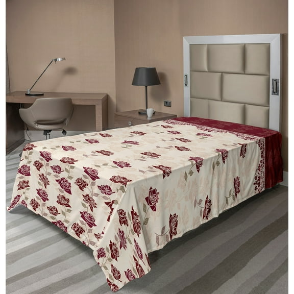 Ambesonne Floral Flat Sheet, Vintage Art Romantic Roses, Twin Size, Maroon Slate Brown