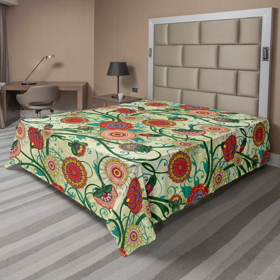 Ambesonne Floral Flat Sheet, Vintage Colorful Ornate, Full Size, Multicolor
