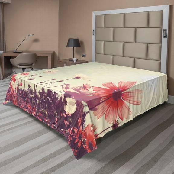 Ambesonne Floral Flat Sheet, Vintage Cosmos Plant Sky, Full Size, Sky Blue and Dark Coral