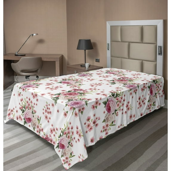Ambesonne Floral Flat Sheet, Vintage Flowers Garden Art, TwinXL Size, Dried Rose Green