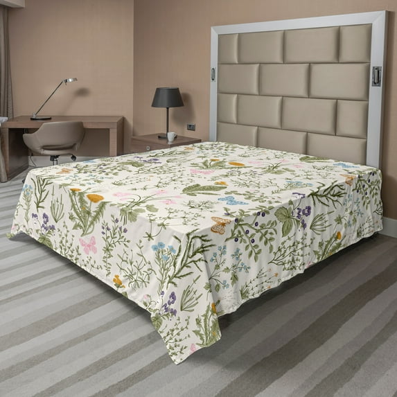 Ambesonne Floral Flat Sheet, Vintage Garden Plants, Queen Size, Reseda Green Beige
