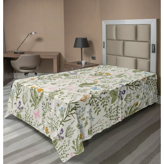 Ambesonne Floral Flat Sheet, Vintage Garden Plants, TwinXL Size, Reseda Green Beige