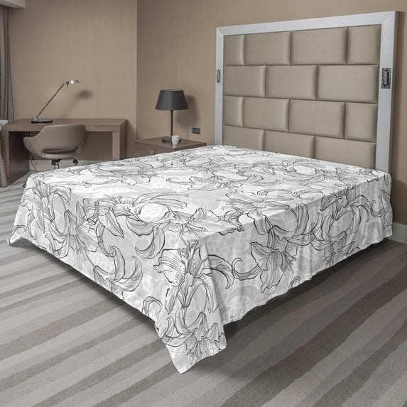 Ambesonne Floral Flat Sheet, Vintage Greyscale Flowers, King Size, Grey Pale Grey White