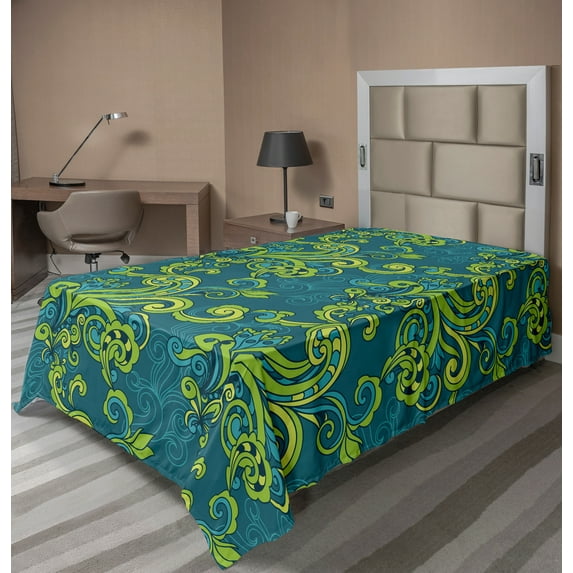 Ambesonne Floral Flat Sheet, Vintage Ornamental Leaves, TwinXL Size, Teal and Lime Green