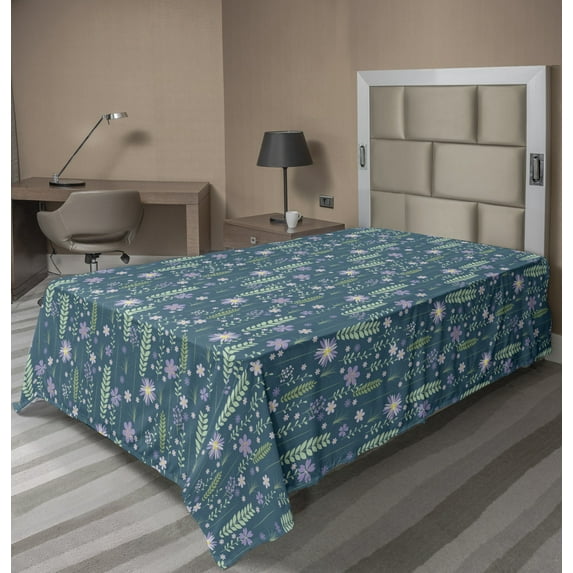 Ambesonne Floral Flat Sheet, Vintage Romantic Flowers, TwinXL Size, Teal Pale Green