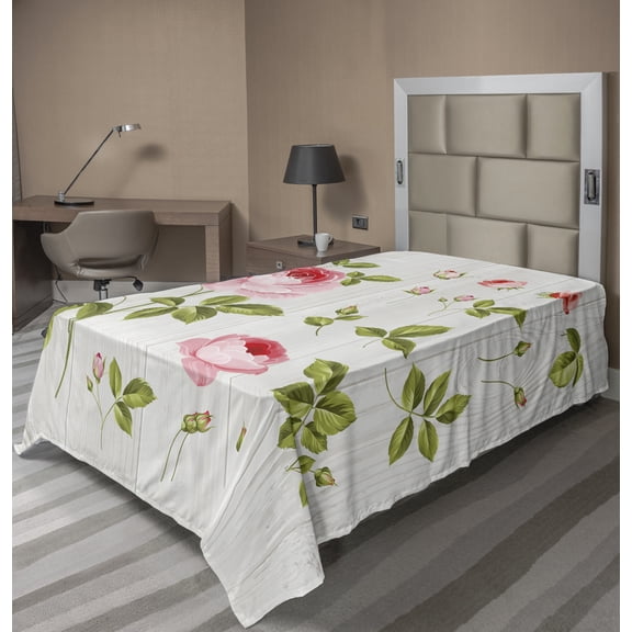 Ambesonne Floral Flat Sheet, Vintage Rose Petals Leaf, Twin Size, Pale Pink Khaki