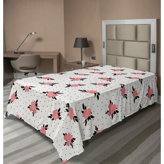 Ambesonne Floral Flat Sheet, Vintage Roses and Leaves, Twin Size, Coral Pale Pink