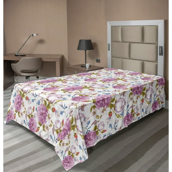 Ambesonne Floral Flat Sheet, Vintage Spring Scenery, Twin Size, Multicolor