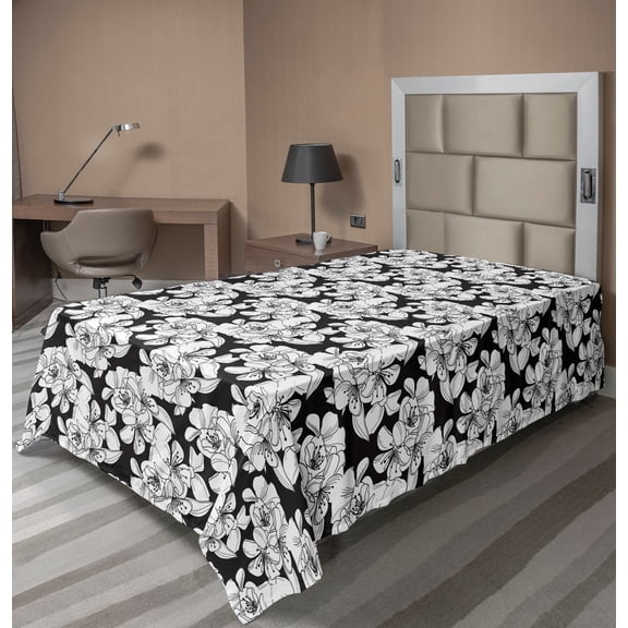 Ambesonne Floral Flat Sheet, Vintage Style Cherry Flowers, TwinXL Size, Charcoal Grey and White