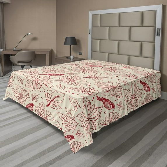 Ambesonne Floral Flat Sheet, Vintage Style Flowers Art, Queen Size, Eggshell and Vermilion