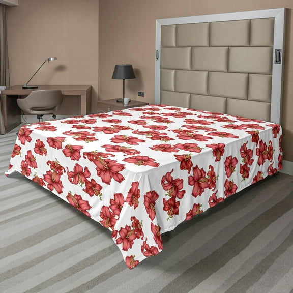 Ambesonne Floral Flat Sheet, Vintage Style Lily Flowers, California King, Olive Green Vermilion