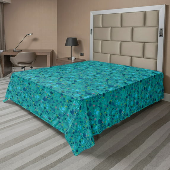 Ambesonne Floral Flat Sheet, Vintage Wild Forest Flowers, King Size, Teal Sea Blue
