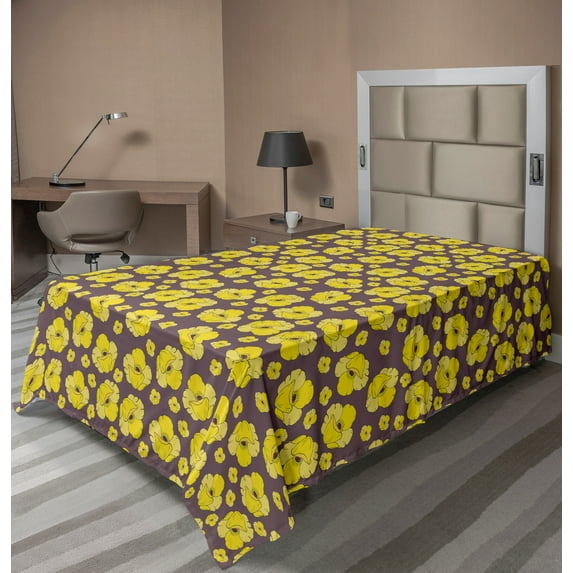 Ambesonne Floral Flat Sheet, Vintage Yellow Poppy Flowers, Twin Size, Yellow Dark Warm Taupe