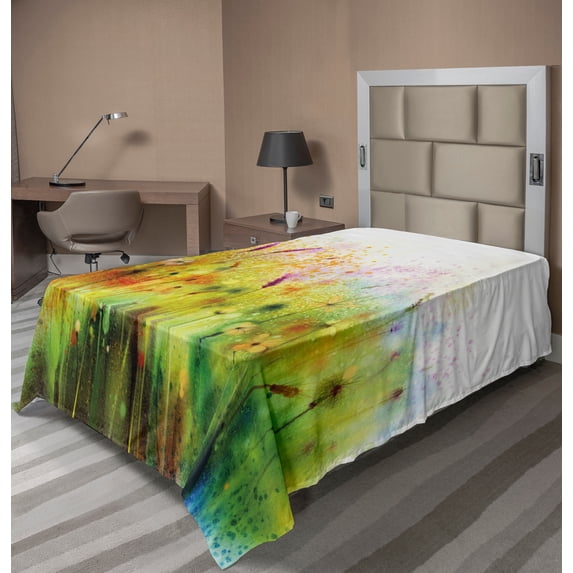 Ambesonne Floral Flat Sheet, Violet Garden Flower, TwinXL Size, Green