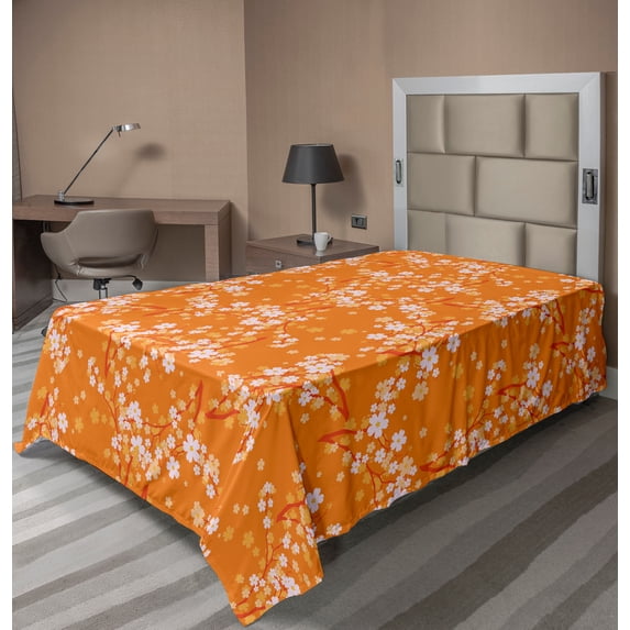 Ambesonne Floral Flat Sheet, Vivid Blooms Spring Tree, TwinXL Size, Orange Lilac