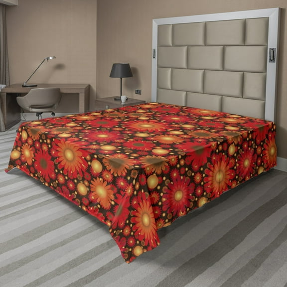 Ambesonne Floral Flat Sheet, Vivid Botanical Gerbera Art, California King, Dark Green Vermilion