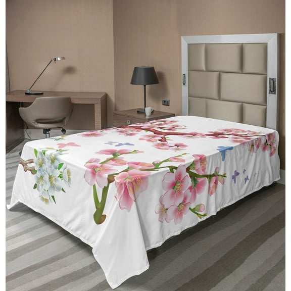 Ambesonne Floral Flat Sheet, Vivid Flowering Branch, TwinXL Size, Pink Brown Green