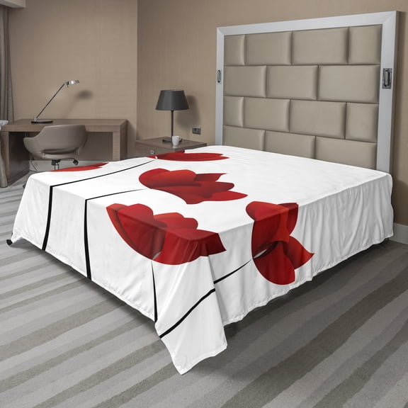 Ambesonne Floral Flat Sheet, Vivid Rose Flower Petal, California King, Vermilion and White