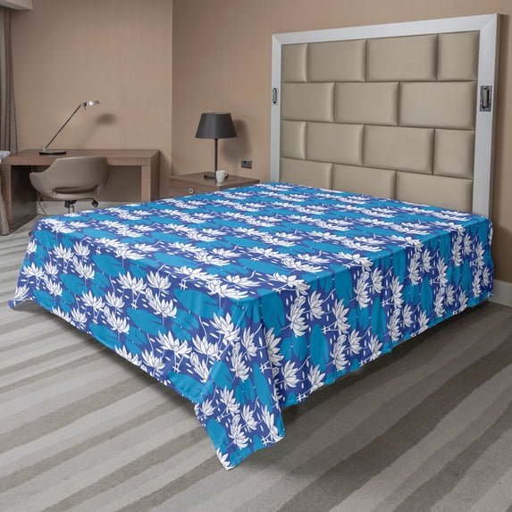 Ambesonne Floral Flat Sheet, Water Lily Flowers, California King, Violet Blue Sea Blue