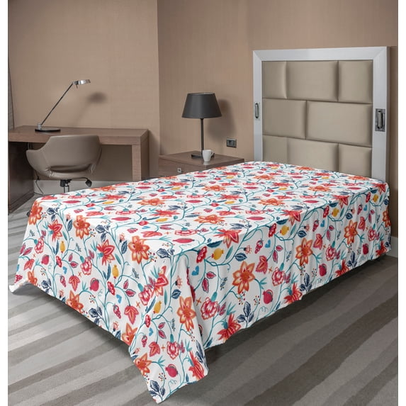 Ambesonne Floral Flat Sheet, Watercolor Different Flowers, Twin Size, Multicolor