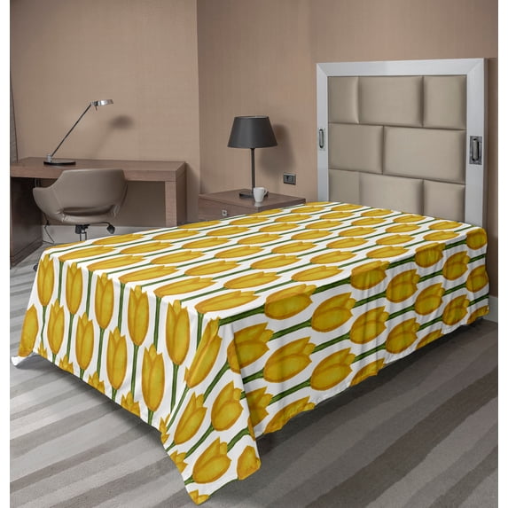 Ambesonne Floral Flat Sheet, Watercolor Effect Tulips, TwinXL Size, Earth Yellow White