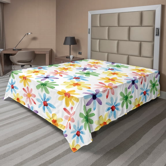 Ambesonne Floral Flat Sheet, Watercolor Flowers Art, Full Size, Multicolor