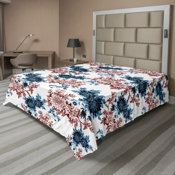 Ambesonne Floral Flat Sheet, Watercolor Flowers in Bloom, King Size, Rust Dark Blue
