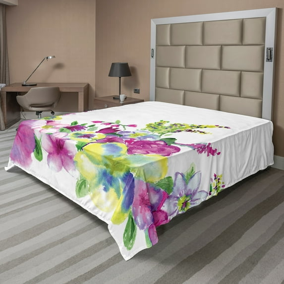 Ambesonne Floral Flat Sheet, Watercolor Garden, Full Size, Pink Green