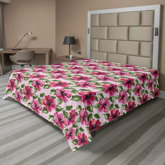 Ambesonne Floral Flat Sheet, Watercolor Hibiscus Flowers, Full Size, Magenta Green Pale Pink