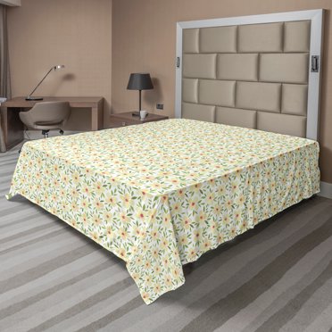 Ambesonne Floral Flat Sheet, Watercolor Little Flowers, Full Size, Pale Olive Green Beige