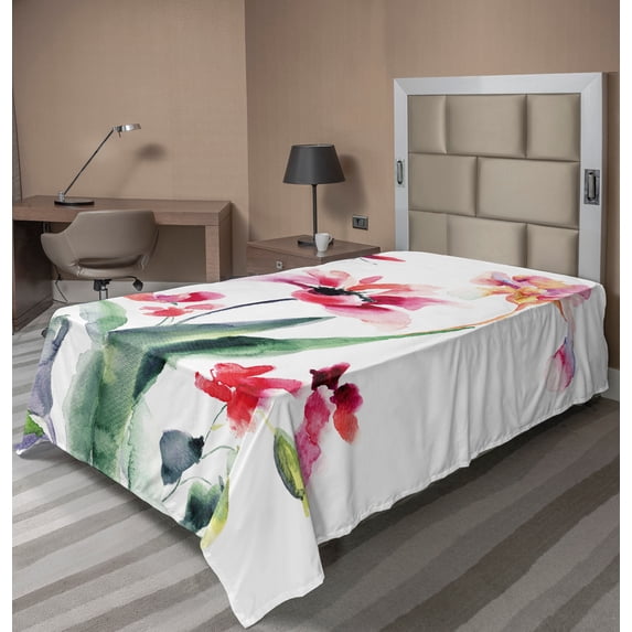 Ambesonne Floral Flat Sheet, Watercolor Pastel Boho, Twin Size, Multicolor