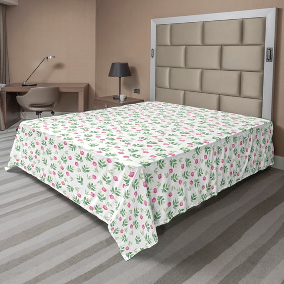 Ambesonne Floral Flat Sheet, Watercolor Pinkish Flowers, King Size, Pink and Green