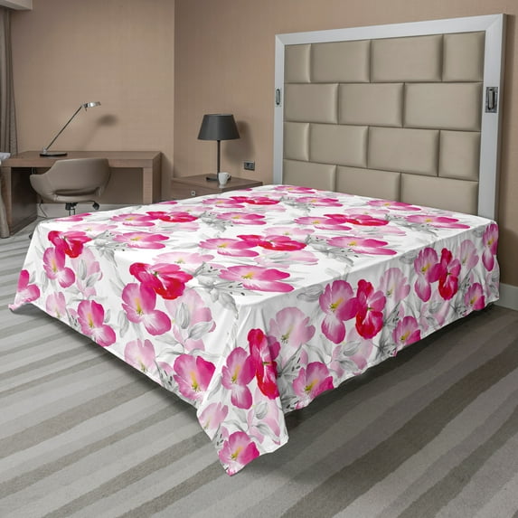 Ambesonne Floral Flat Sheet, Watercolor Poppy Romance, Full Size, Magenta Pink Grey