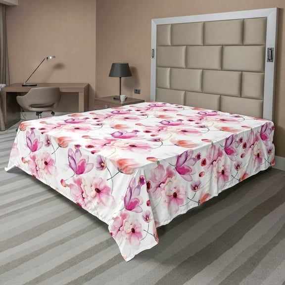 Ambesonne Floral Flat Sheet, Watercolor Spring Blooms, Full Size, Pink Purple Coral