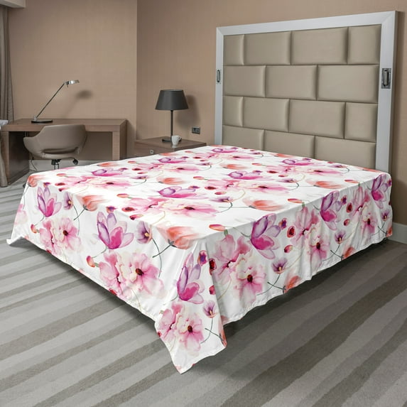 Ambesonne Floral Flat Sheet, Watercolor Spring Blooms, Full Size, Pink Purple Coral