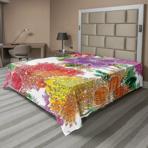 Ambesonne Floral Flat Sheet, Watercolor Style Botany Herb, King Size, Multicolor