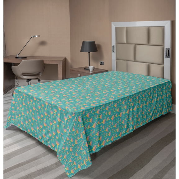 Ambesonne Floral Flat Sheet, Watercolor Surrealistic Art, TwinXL Size, Dark Seafoam Mustard