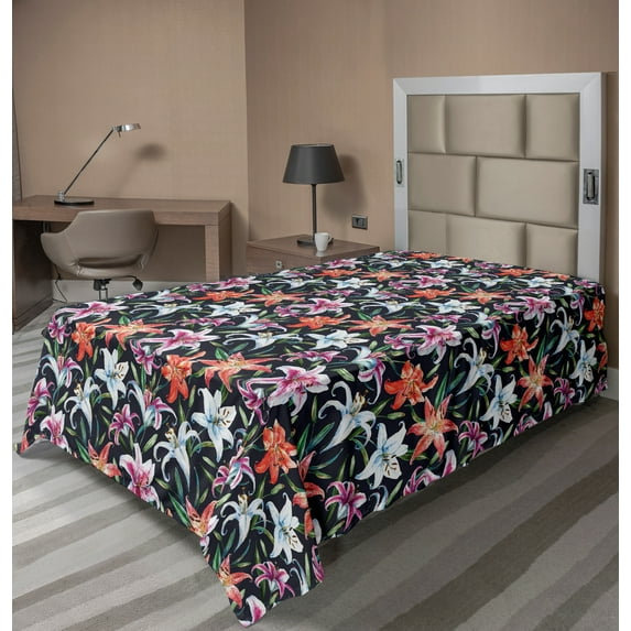 Ambesonne Floral Flat Sheet, Watercolor Tropical Lilies, TwinXL Size, Multicolor