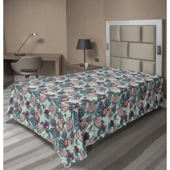 Ambesonne Floral Flat Sheet, Wild Flowers Cactus Exotica, Twin Size, Mint Green and Multicolor