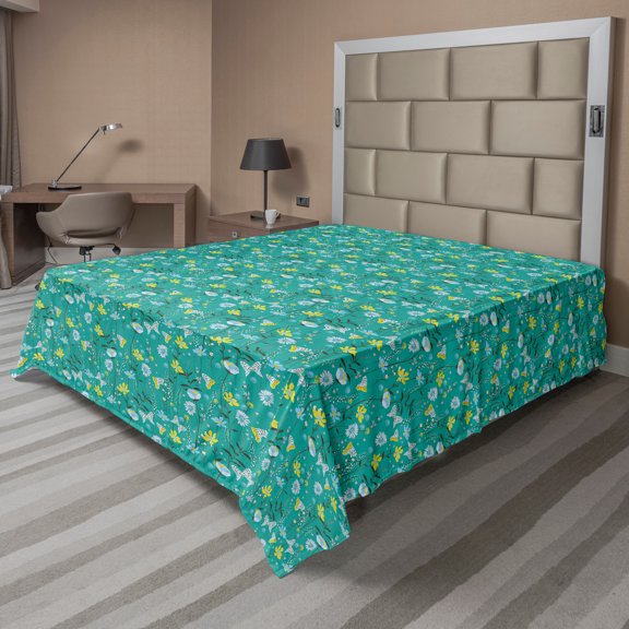 Ambesonne Floral Flat Sheet, Wild Flowers and Butterflies, Full Size, Dark Seafoam and Multicolor