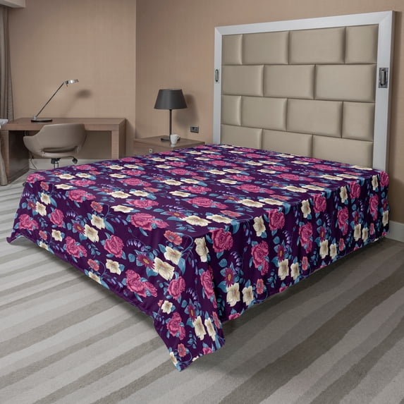 Ambesonne Floral Flat Sheet, Wild Pointed Petal Flowers, Queen Size, Plum and Multicolor