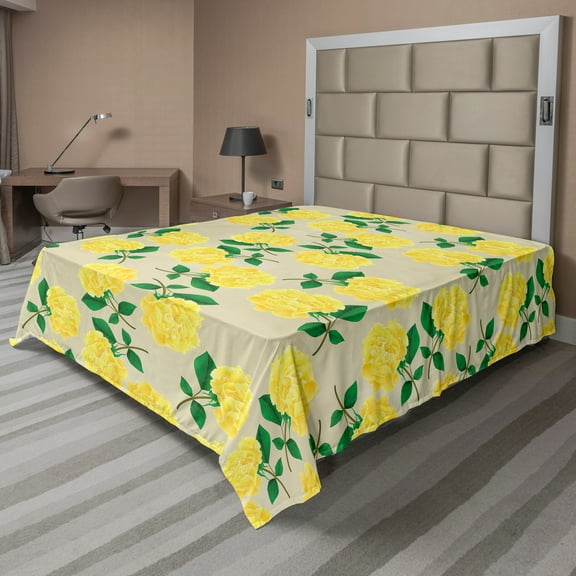 Ambesonne Floral Flat Sheet, Yellow Cloves with Branches, Queen Size, Mustard Green and Tan