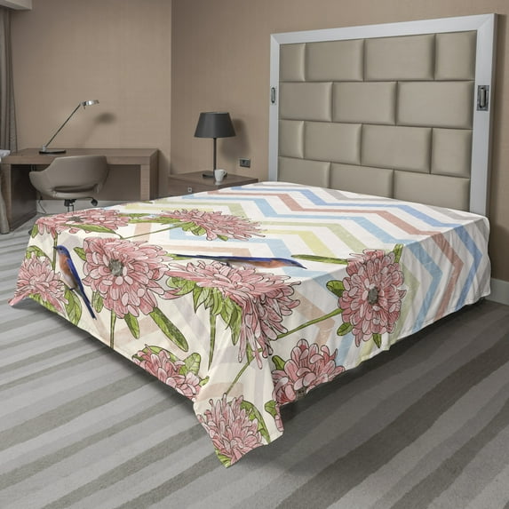 Ambesonne Floral Flat Sheet, Zigzags Flowers and Birds, Full Size, Multicolor