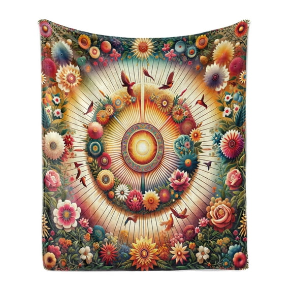 Ambesonne Floral Fleece Throw Blanket Botanical Colorful Circle 50"x70" Orange Evergreen Pink