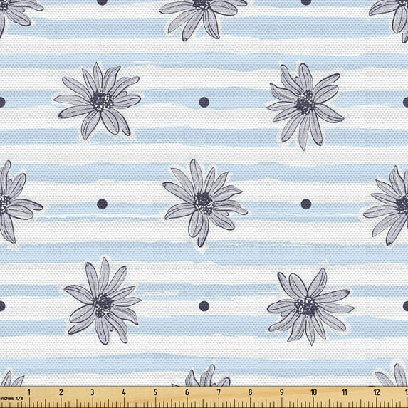 Ambesonne Floral Fun Fabric by the Yard Upholstery, Daisy Dots and Stripes, 5 Yards, Pale Grey Soft Blue White