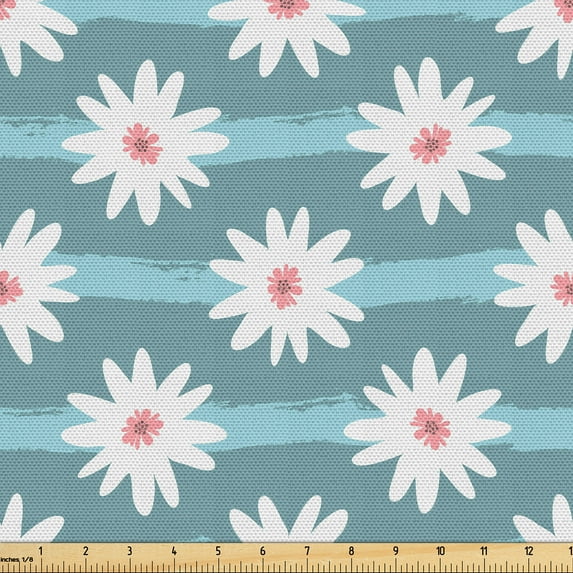 Ambesonne Floral Fun Fabric by the Yard, Daisy and Stripe Print, 1 Yard, Pale Teal Pale Turquoise