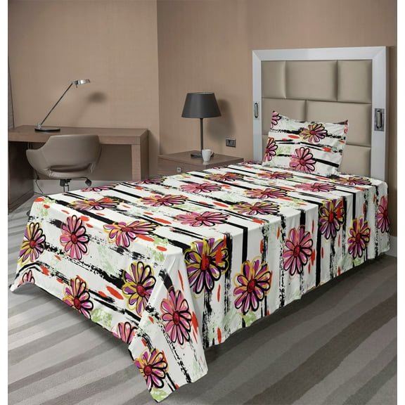 Ambesonne Floral Fun Fitted & Flat Sheet with Sham 3 Pcs Set, Colorful Daisies Drawing, Twin XL, Pink Coconut Multicolor