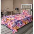 thumbnail image 1 of Ambesonne Floral Fun Fitted & Flat Sheet with Sham 3 Pcs Set, Ebru Flowers Art Print, Twin XL, Pink Mustard Dark Violet, 1 of 1